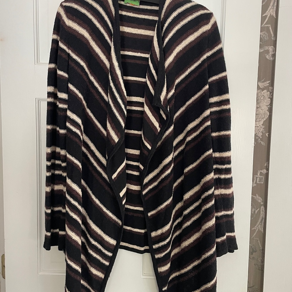 Tory Burch Brown Stripe Sweater Cardigan Open Front Long Drapey L